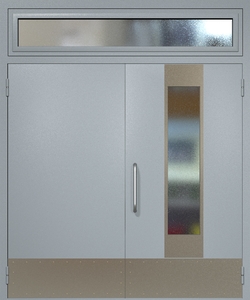 Двупольная техническая дверь RAL 7040 с удлиненным узким стеклопакетом (ручка-скоба, остекленная фрамуга, отбойник)