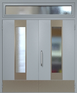 Двупольная техническая дверь RAL 7040 с удлиненными узкими стеклопакетами (ручка-скоба, остекленная фрамуга, отбойник)