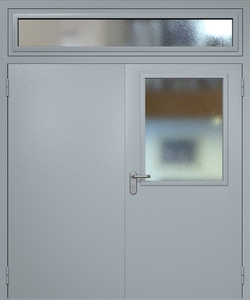 Двупольная техническая дверь RAL 7040 с широким стеклопакетом (остекленная фрамуга)