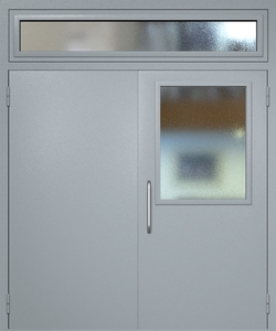 Двупольная техническая дверь RAL 7040 с широким стеклопакетом (ручка-скоба, остекленная фрамуга)