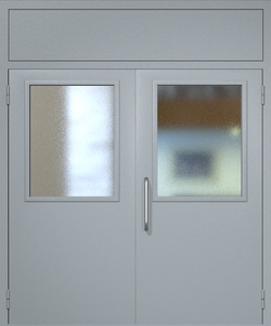 Двупольная техническая дверь RAL 7040 с широкими стеклопакетами (ручка-скоба, фрамуга)