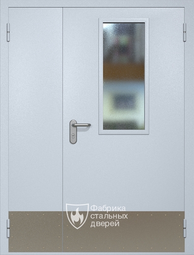 Полуторная противопожарная дверь ei60 RAL 7035 с узким стеклопакетом (отбойник)