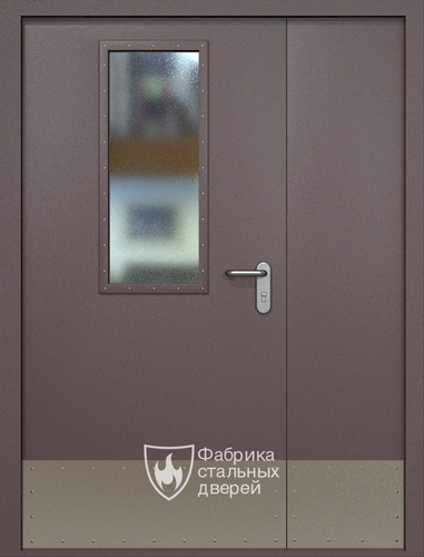 Полуторная противопожарная дверь ei60 RAL 8017 с узким стеклопакетом (отбойник)