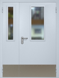 Полуторная противопожарная дверь ei60 RAL 7035 с узкими стеклопакетами (отбойник)