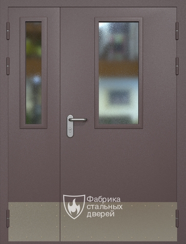 Полуторная противопожарная дверь eis60 RAL 8017 с узкими стеклопакетами (отбойник)