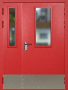 Полуторная противопожарная дверь eis60 RAL 3000 с узкими стеклопакетами (отбойник)