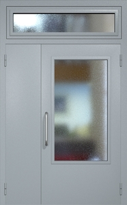 Полуторная техническая дверь RAL 7040 с удлиненным широким стеклопакетом (ручка-скоба, остекленная фрамуга)