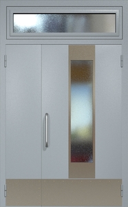 Полуторная техническая дверь RAL 7040 с удлиненным узким стеклопакетом (ручка-скоба, остекленная фрамуга, отбойник)