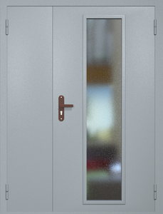 Полуторная техническая дверь RAL 7040 с длинным узким стеклопакетом