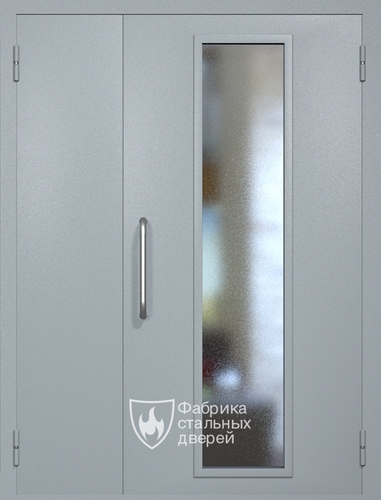 Полуторная техническая дверь RAL 7040 с длинным узким стеклопакетом (ручка-скоба)