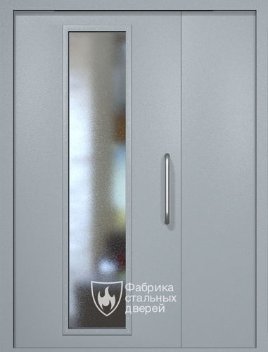 Полуторная техническая дверь RAL 7040 с длинным узким стеклопакетом (ручка-скоба)