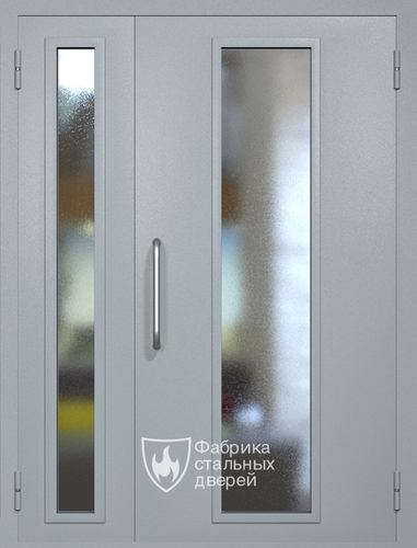 Полуторная техническая дверь RAL 7040 с длинными узкими стеклопакетами (ручка-скоба)