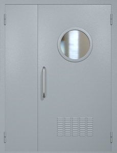 Полуторная техническая дверь RAL 7040 с круглым стеклопакетом (ручка-скоба, вентиляция)