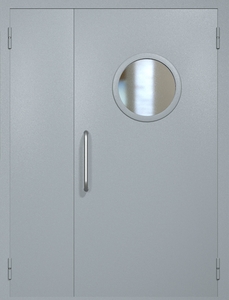 Полуторная техническая дверь RAL 7040 с круглым стеклопакетом (ручка-скоба)