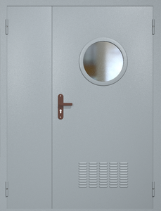 Полуторная техническая дверь RAL 7040 с круглым стеклопакетом (вентиляция)