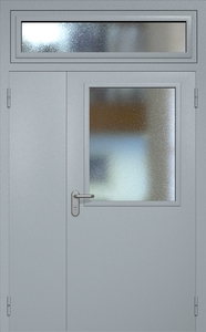 Полуторная техническая дверь RAL 7040 с широким стеклопакетом (остекленная фрамуга)
