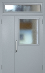 Полуторная техническая дверь RAL 7040 с широким стеклопакетом (ручка-скоба, остекленная фрамуга)