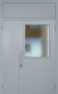 Полуторная техническая дверь RAL 7040 с широким стеклопакетом (ручка-скоба, фрамуга)