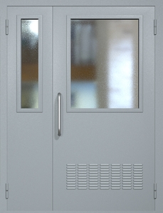 Полуторная техническая дверь RAL 7040 с широкими стеклопакетами (ручка-скоба, вентиляция)