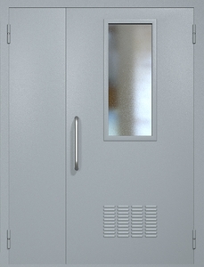 Полуторная техническая дверь RAL 7040 с узким стеклопакетом (ручка-скоба, вентиляция)