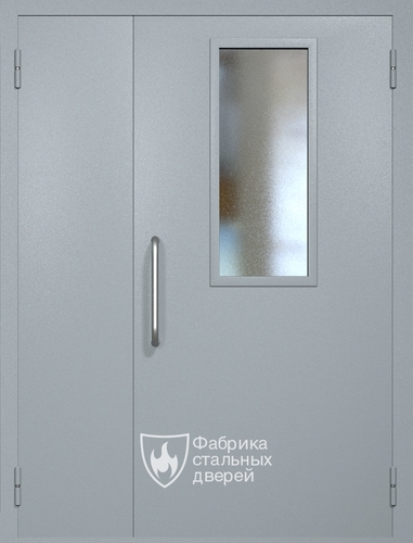 Полуторная техническая дверь RAL 7040 с узким стеклопакетом (ручка-скоба)