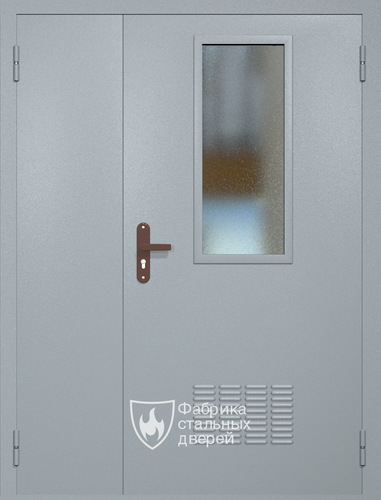 Полуторная техническая дверь RAL 7040 с узким стеклопакетом (вентиляция)