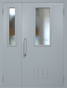Полуторная техническая дверь RAL 7040 с узкими стеклопакетами (ручка-скоба, вентиляция)
