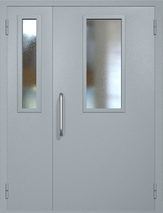 Полуторная техническая дверь RAL 7040 с узкими стеклопакетами (ручка-скоба)