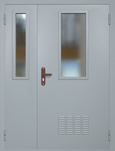 Полуторная техническая дверь RAL 7040 с узкими стеклопакетами (вентиляция)