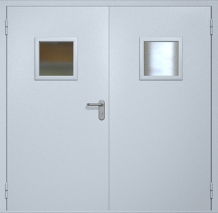 Двупольная противопожарная дверь ei60 RAL 7035 с квадратными стеклопакетами