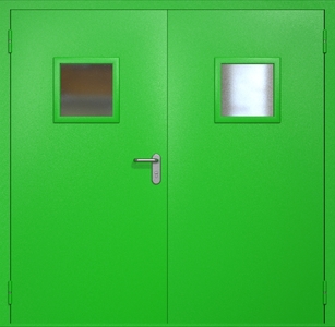 Двупольная противопожарная дверь ei60 RAL 6038 с квадратными стеклопакетами