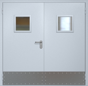 Двупольная противопожарная дверь ei60 RAL 7035 с квадратными стеклопакетами (узкий отбойник)