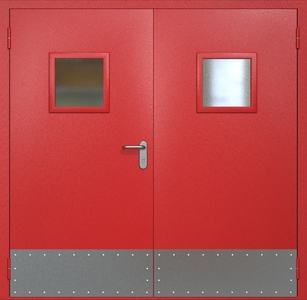 Двупольная противопожарная дверь ei60 RAL 3000 с квадратными стеклопакетами (узкий отбойник)