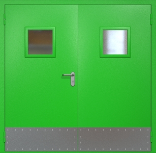 Двупольная противопожарная дверь ei60 RAL 6038 с квадратными стеклопакетами (узкий отбойник)