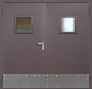 Двупольная противопожарная дверь ei60 RAL 8017 с квадратными стеклопакетами (узкий отбойник)