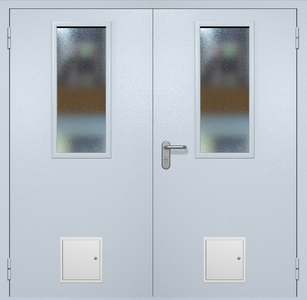 Двупольная противопожарная дверь ei60 RAL 7035 с узкими стеклопакетами (стыковочный узел 2 шт)