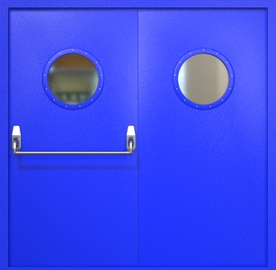 Двупольная противопожарная дверь ei60 RAL 5002 Антипаника с круглыми стеклопакетами