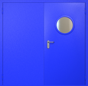 Двупольная противопожарная дверь ei60 RAL 5002 с круглым стеклопакетом Двупольная противопожарная дверь ei60 RAL 5002 с круглым стеклопакетом