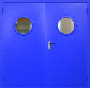 Двупольная противопожарная дверь ei60 RAL 5002 с круглыми стеклопакетами