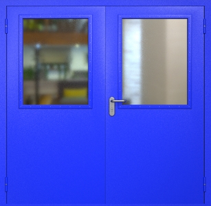 Двупольная противопожарная дверь ei60 RAL 5002 с широкими стеклопакетами Двупольная противопожарная дверь ei60 RAL 5002 с широкими стеклопакетами