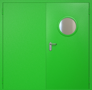 Двупольная противопожарная дверь ei60 RAL 6038 с круглым стеклопакетом