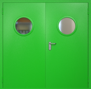 Двупольная противопожарная дверь ei60 RAL 6038 с круглыми стеклопакетами Двупольная противопожарная дверь ei60 RAL 6038 с круглыми стеклопакетами