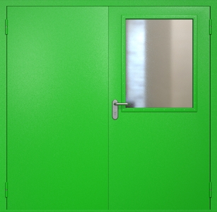 Двупольная противопожарная дверь ei60 RAL 6038 с широким стеклопакетом