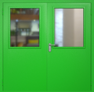 Двупольная противопожарная дверь ei60 RAL 6038 с широкими стеклопакетами Двупольная противопожарная дверь ei60 RAL 6038 с широкими стеклопакетами