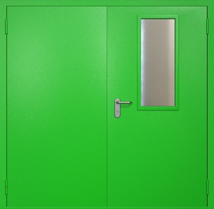 Двупольная противопожарная дверь ei60 RAL 6038 с узким стеклопакетом