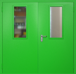 Двупольная противопожарная дверь ei60 RAL 6038 с узкими стеклопакетами