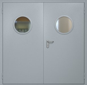 Двупольная противопожарная дверь ei60 RAL 7040 с круглыми стеклопакетами