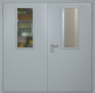 Двупольная противопожарная дверь ei60 RAL 7040 с узкими стеклопакетами