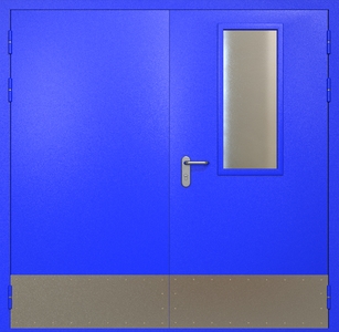 Двупольная противопожарная дверь eis60 RAL 5002 с узким стеклопакетом (отбойник)