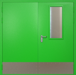 Двупольная противопожарная дверь eis60 RAL 6038 с узким стеклопакетом (отбойник)